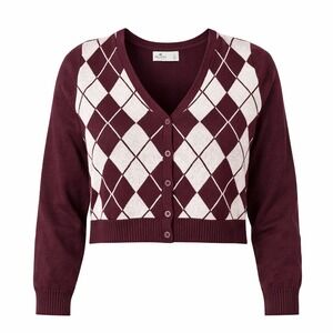 Hollister‎ Argyle Cardigan Sweater Womens Large Burgundy Cropped V-Neck Knit
